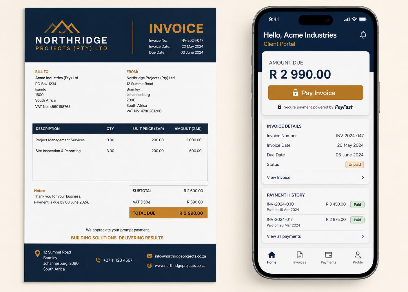 A branded invoice PDF next to a mobile client portal showing an amount due and a pay button